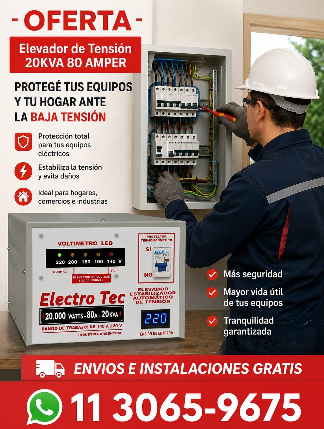 Elevador de tensi&oacute;n 20000 watts 20 kVA 80 amperes D&oacute;lar Electrotec Industria Argentina